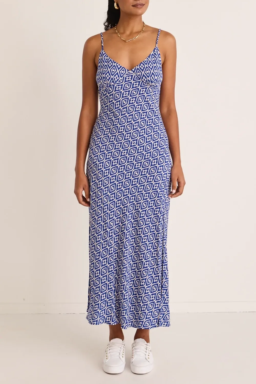 Electric Blue Batik Bias Slip Midi Dress