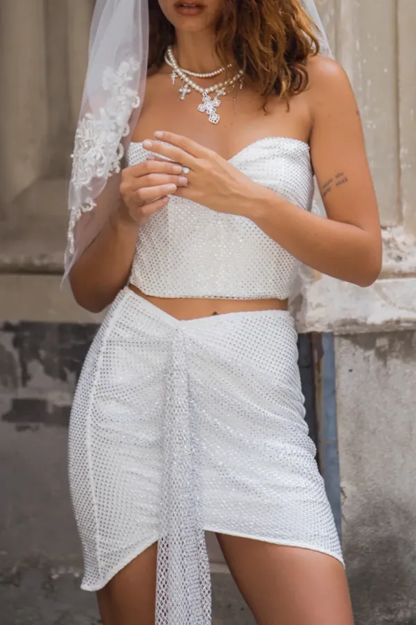 Rhinestone Mesh Strapless Top