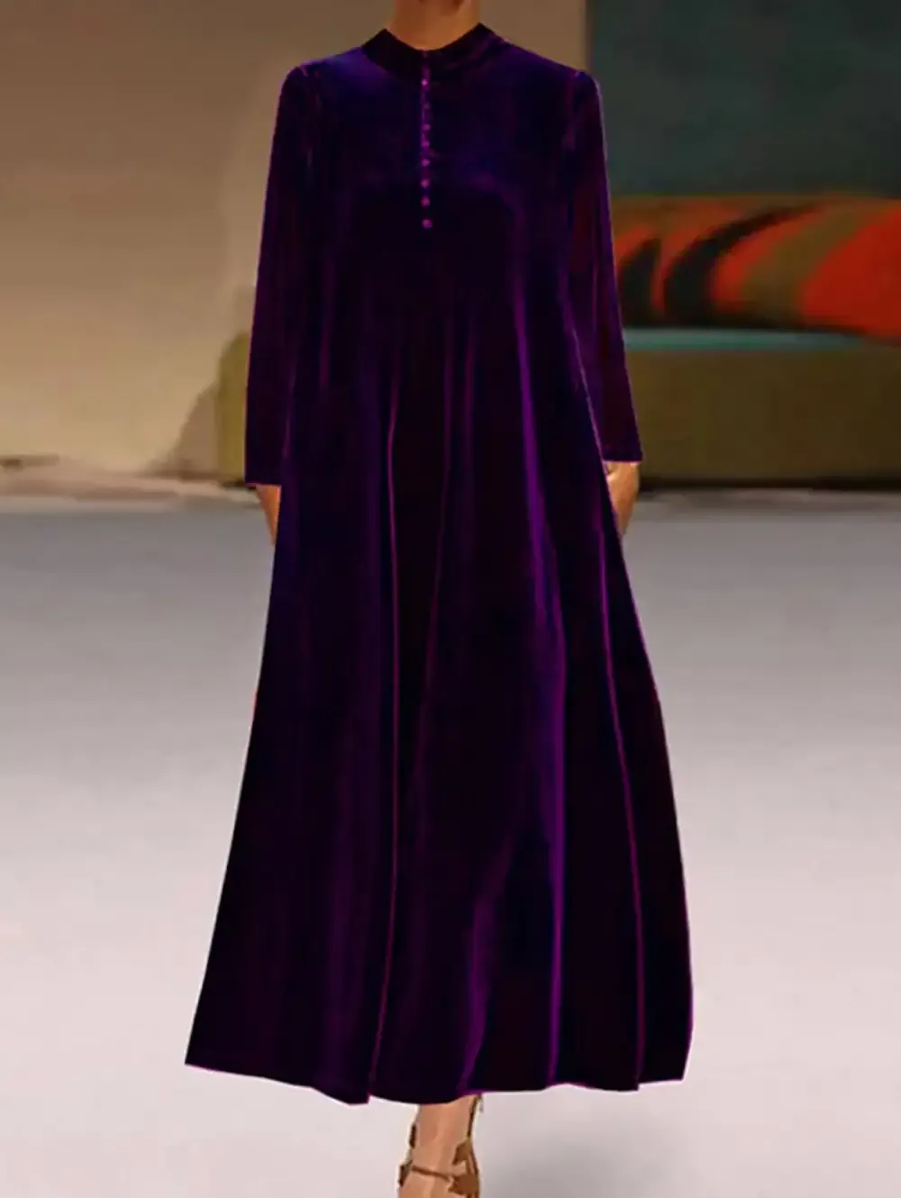Mock Neck Buttoned  A-line Velvet Midi Dress