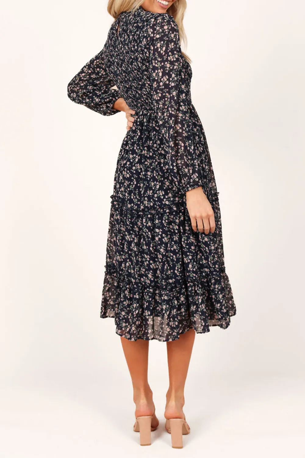 NAVY FLORAL SHIRRED FRILL LONG SLEEVE MIDI DRESS