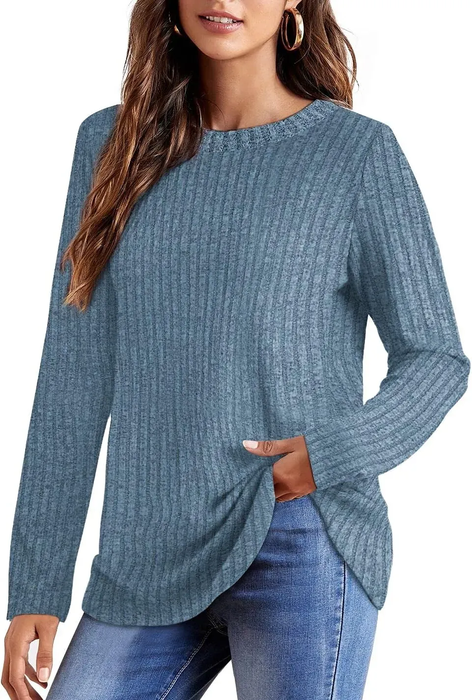 OFEEFAN Long Sleeve Shirts for Women Lightweight Crew Neck Casual Tunic Tops