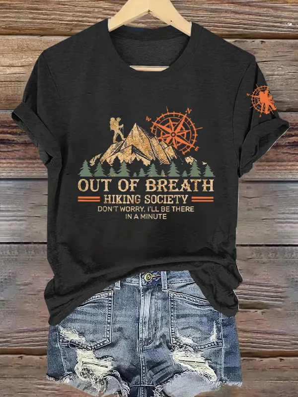 Women'S T-Shirt Women'S Out Of Breath Hiking Society Don'T Worry I'Ll Be There Soon Printed Crew Neck Short Sleeve T-Shirt