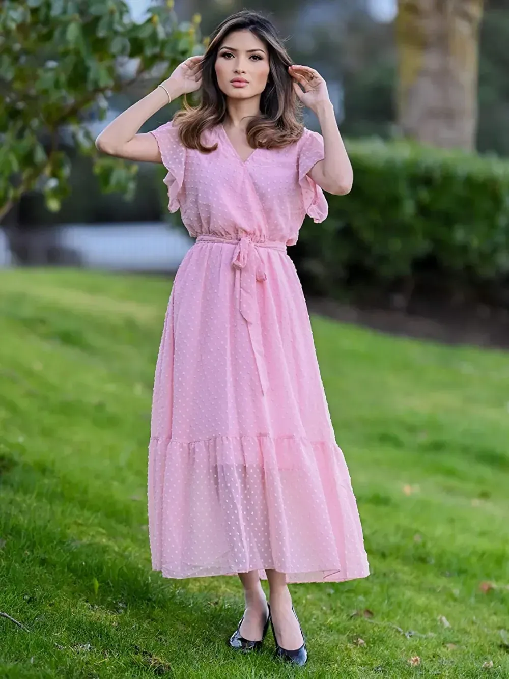 Women Summer Bohemian Floral Casual Wrap V Neck Ruffle Cap Sleeveless Belt A-Line Pleated Hem Swing Midi Sun Dress