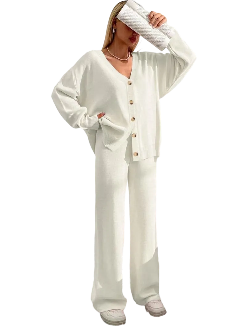 Women's Solid Color Off-Shoulder V-Neck Cardigan & Wide-Leg Pants 2-Piece Loungewear Set