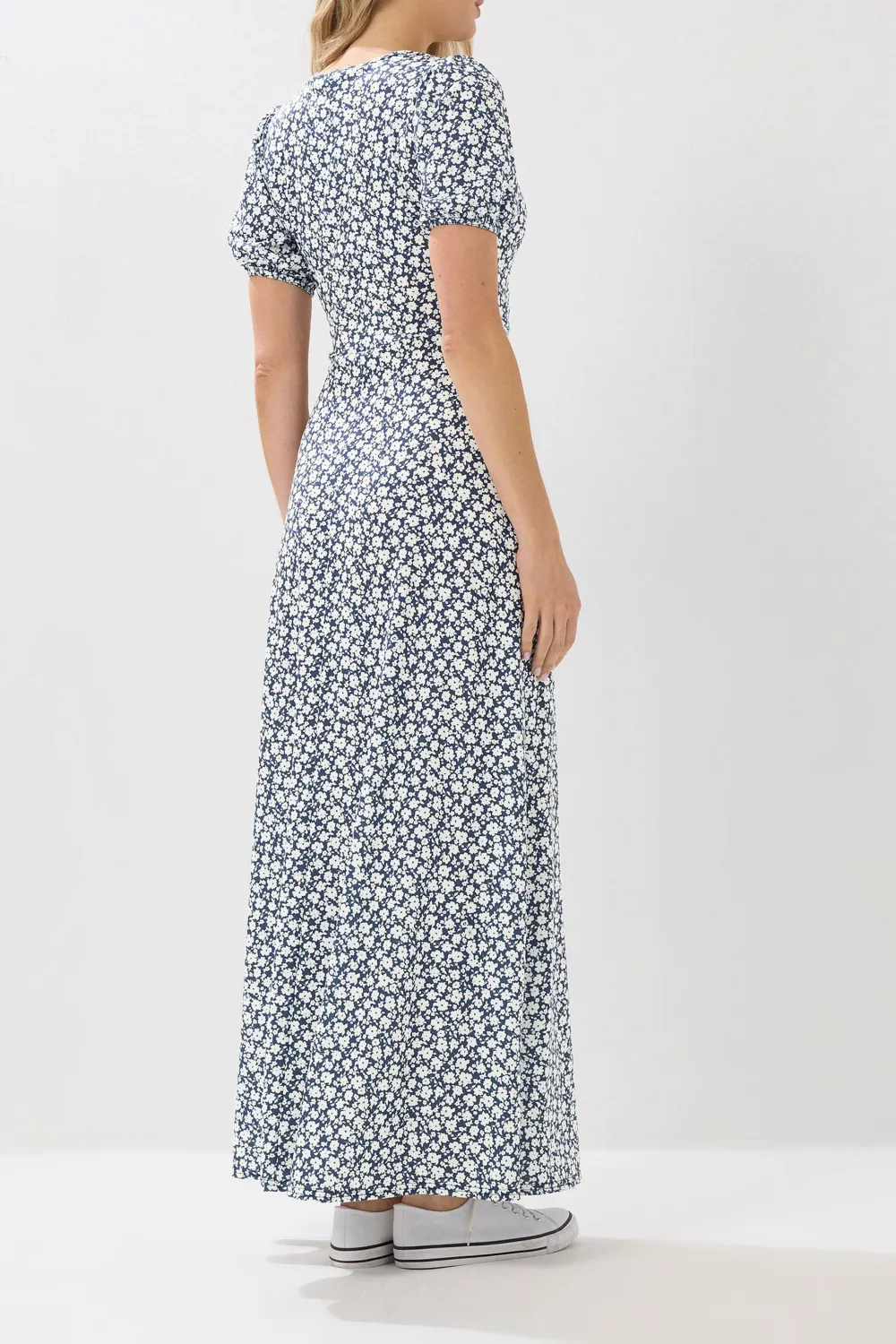 Navy Blue Ditsy Floral Print V-neck Dress