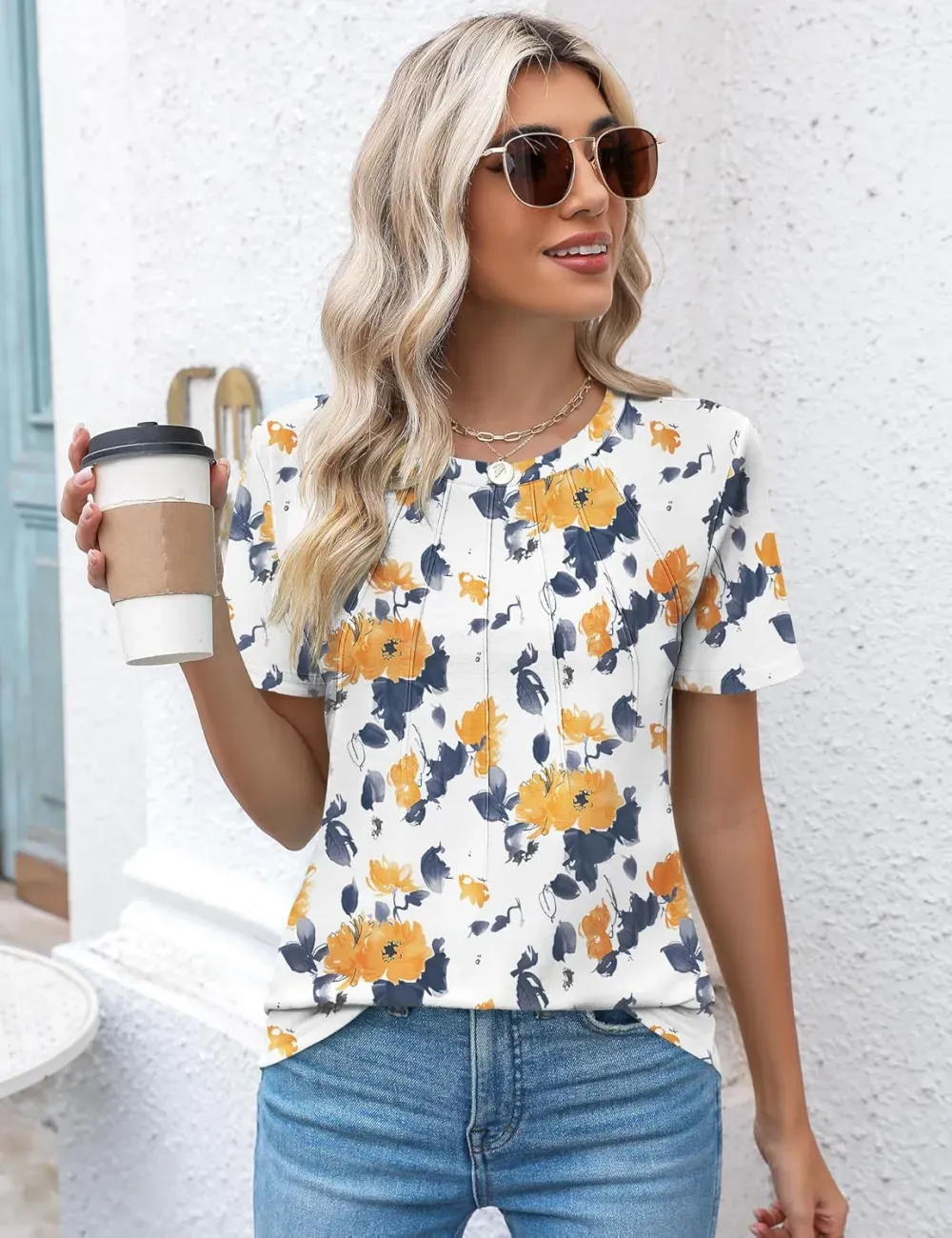 Kistore Womens Casual Crew Neck Short Sleeve Pleated Tops Blouses Fashion Clothes 2024