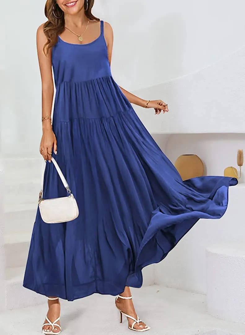 Summer Dresses for Women Casual Loose Bohemian Floral Dress with Pockets Spaghetti Strap Maxi Dress E75