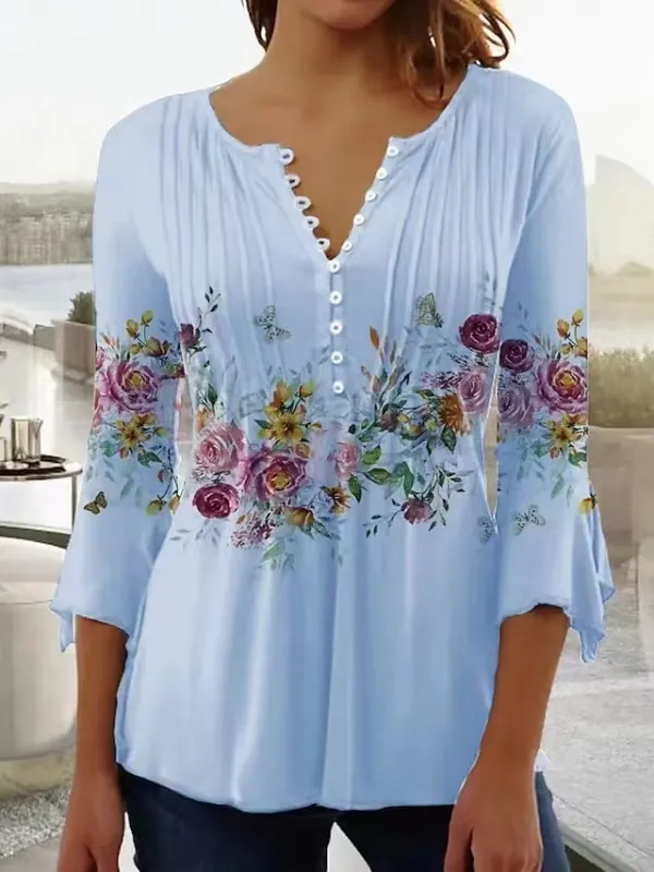 Women's Shirt Blouse Light Blue White Pink Floral Button Print 3/4 Length Sleeve Casual Holiday Basic Round Neck Regular Fit Floral
