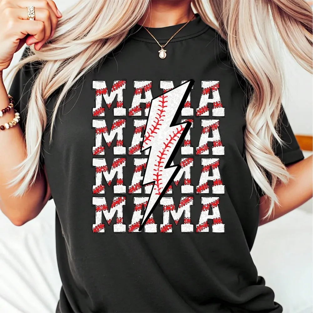 Baseball Mama Printed Round Neck Short Sleeve T-Shirt