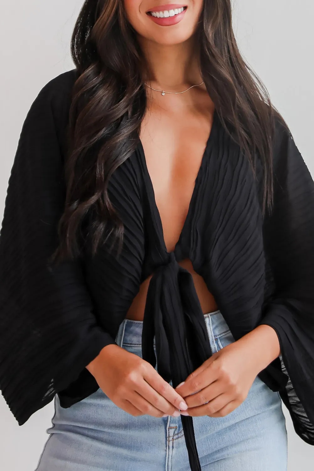 Sophisticated Step Black Pleated Tie-Front Blouse