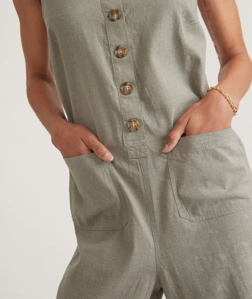 Button-Front Sleeveless Linen Jumpsuit