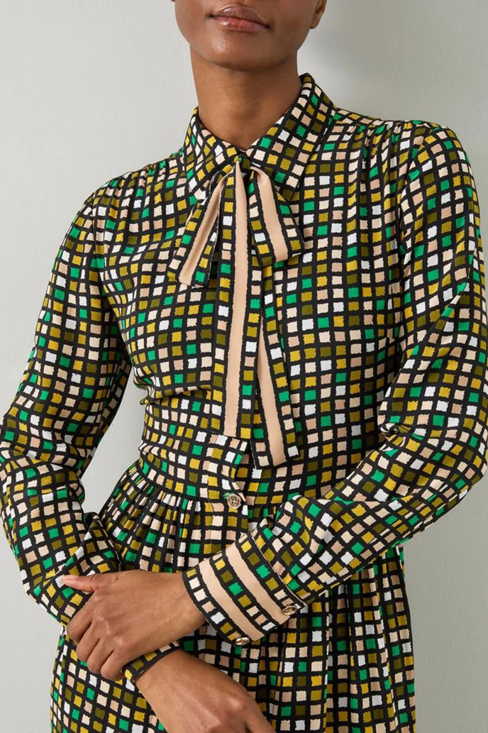 Green Checkered Tie Neck Two Tone Dress