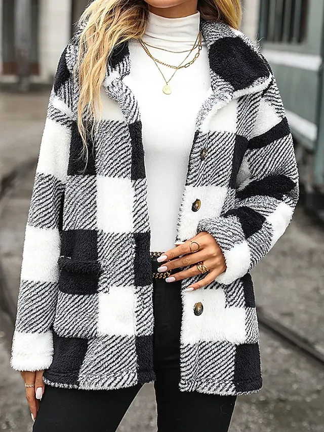 Women's Teddy Coat Plaid Sherpa Jacket Winter Fleece Coat Fall Single Breasted Stand Collar Jacket Regular Fit Outerwear Long Sleeve Black Khaki