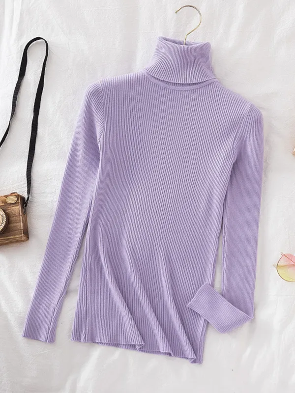 Simple Skinny Solid Color High-Neck Sweater Tops