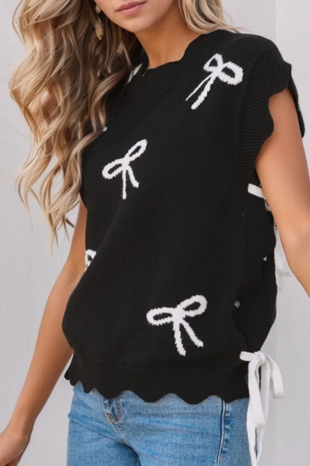 Bow Simple Temperament Fit versatile black  Knit Sweater