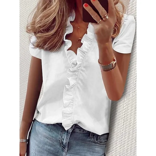 Women‘s Blouse T shirt Basic Lettuce Trim Plain Daily V Neck T-shirt Sleeve Regular Spring &  Fall Light Khaki. Green Blue White Pink