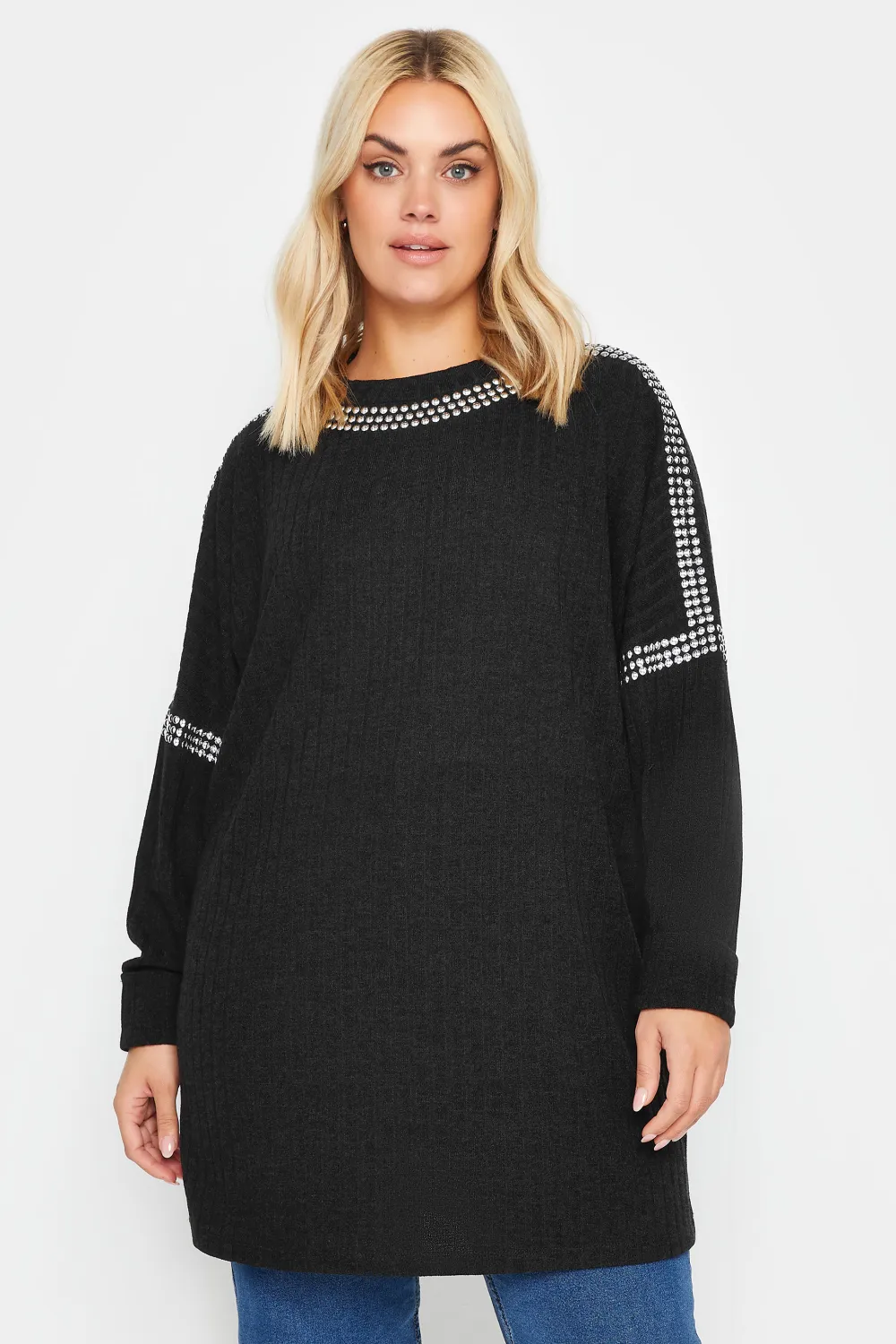 YOURS Curve Grey Stud Neckline Embellished Jumper