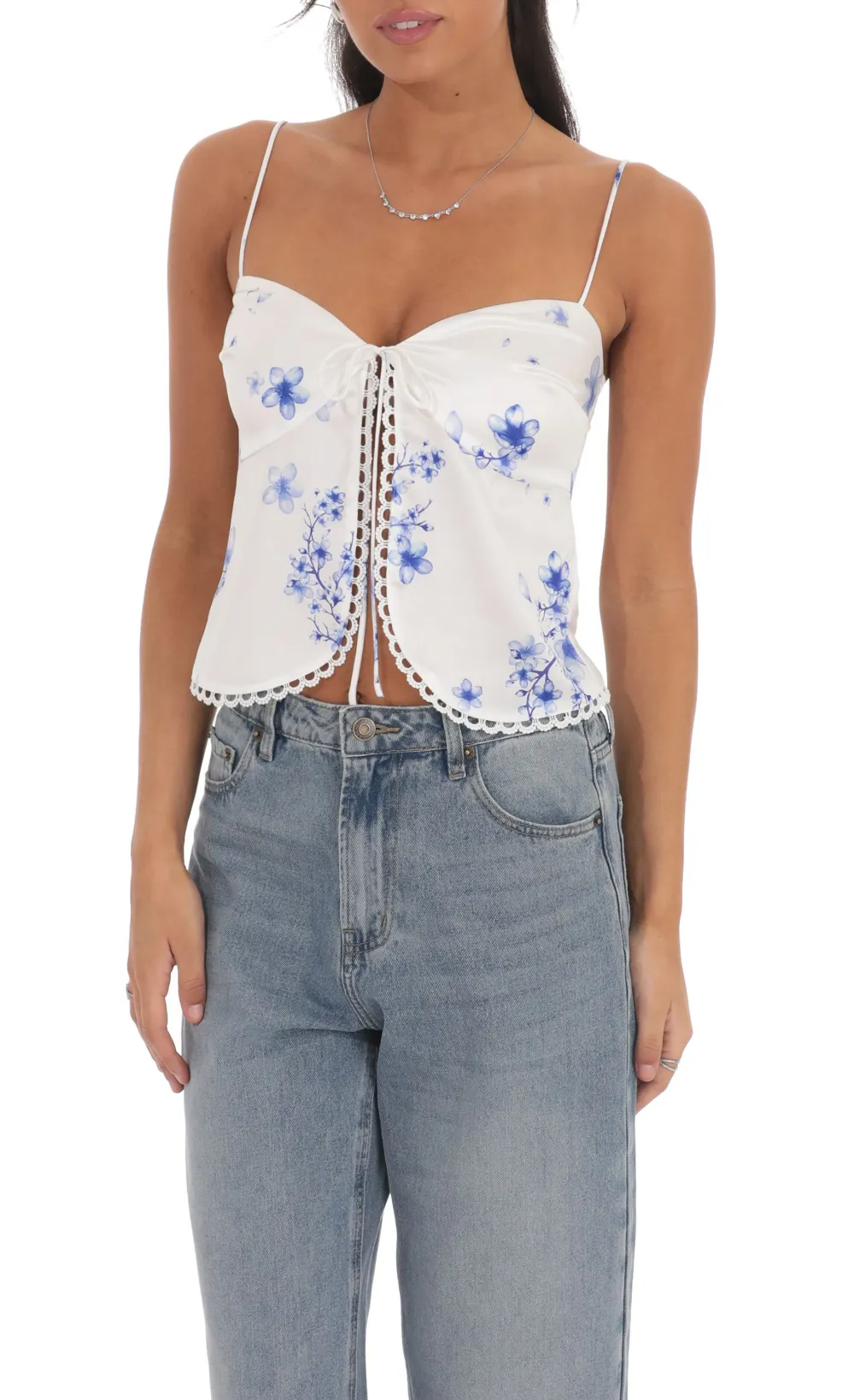 Floral Front Tie Vest Top in White