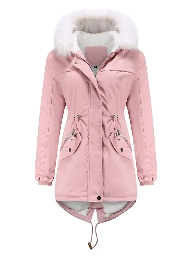 Women's Parka Puffer Coat Thermal Warm Winter Coat Windproof Heated Coat with Fur Collar Fall Zip up Drawstring Fleece Jacket with Pockets Outerwear Pink Black Pink Mid-Length