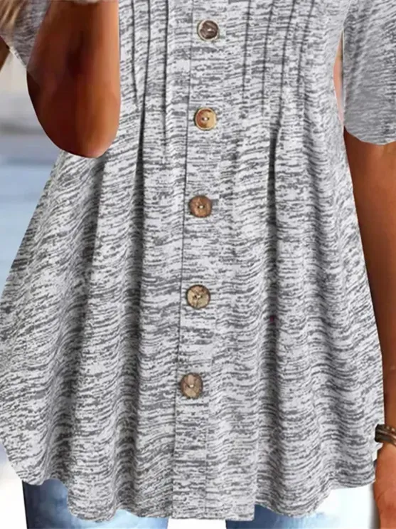 Women's Gray Half Sleeve V-neck Buttons Top