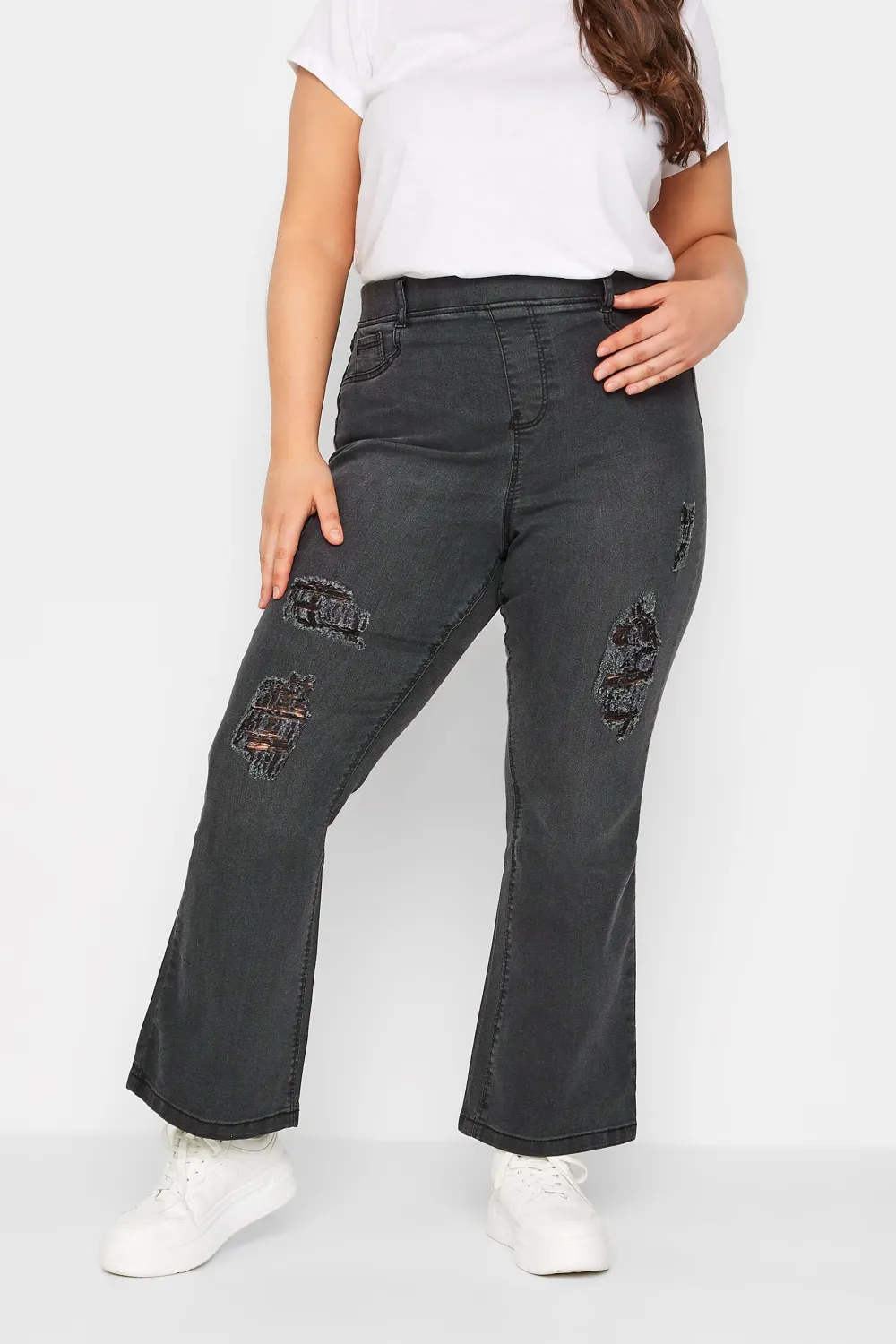 YOURS Curve Black Washed Ripped Pull-On HANNAH Bootcut Jeggings