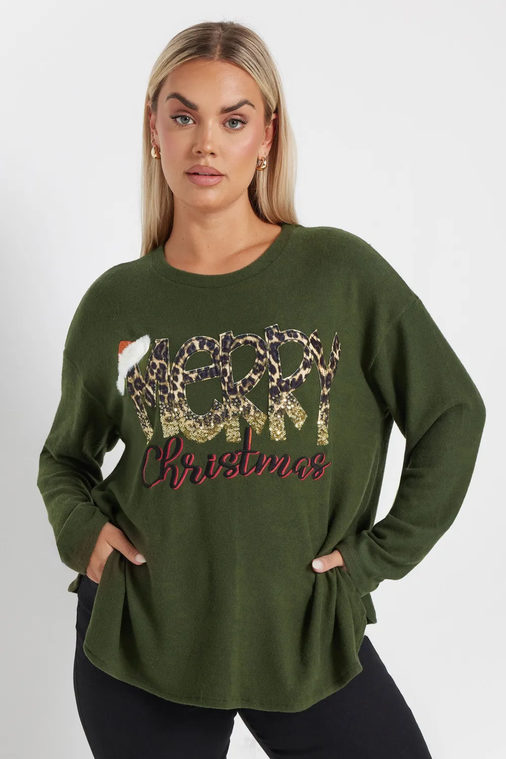YOURS Curve Khaki Green 'Merry Christmas' Sequin Embellished Sweatshirt