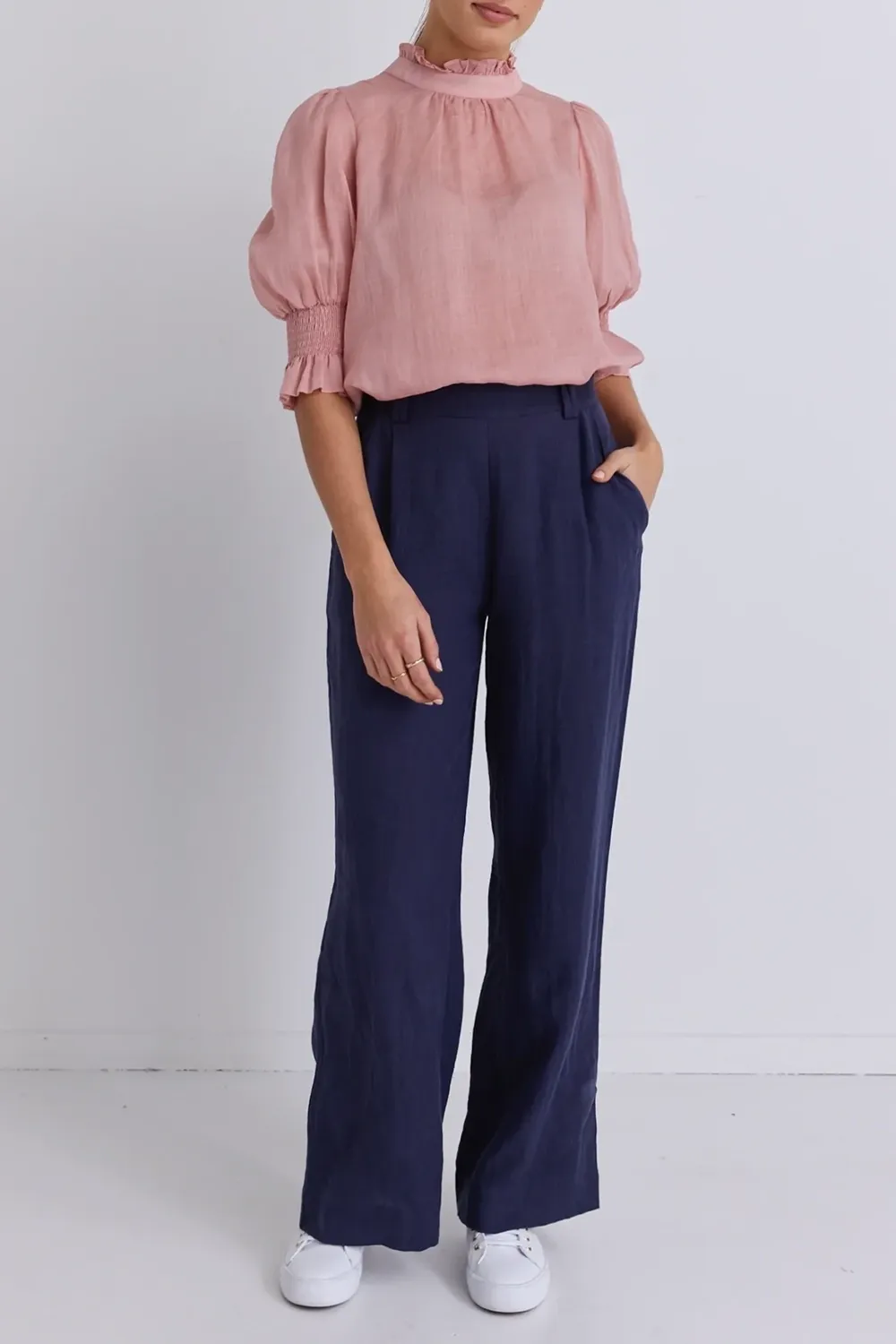 Navy Linen Elastic Back Wide Leg Pants