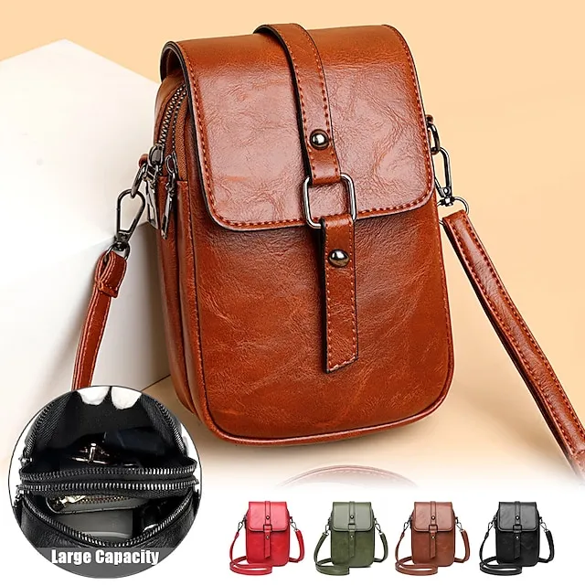 Women's Crossbody Bag Shoulder Bag Mobile Phone Bag PU Leather Shopping Daily Buckle Zipper Large Capacity Waterproof Lightweight Solid Color Black Red Brown