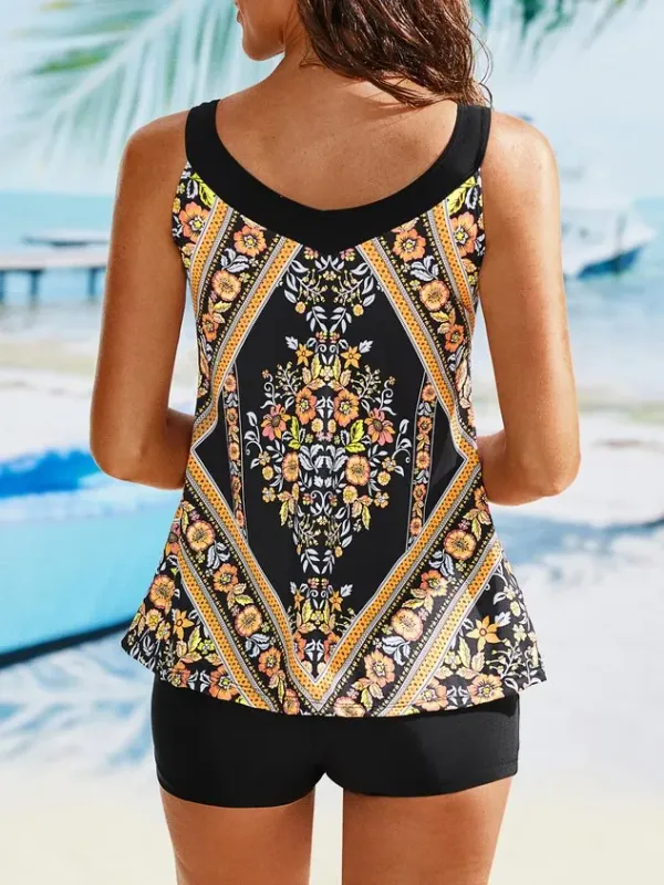 Vacation Ethnic Printing V neck Tankinis Two-Piece Set