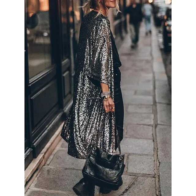 Women's Casual Jacket Sparkly Sequins Fall Spring Regular Coat Regular Fit Windproof Breathable Stylish Colorful Jacket 3/4 Length Sleeve Pure Color Silver Lotus Wine Party Street Vacation