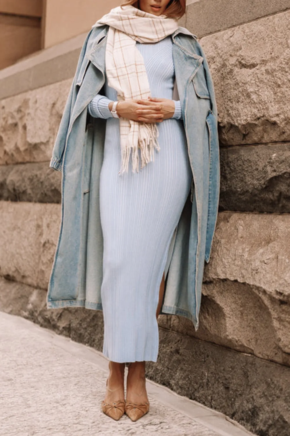 BLUE GREY LONG SLEEVE DRESS