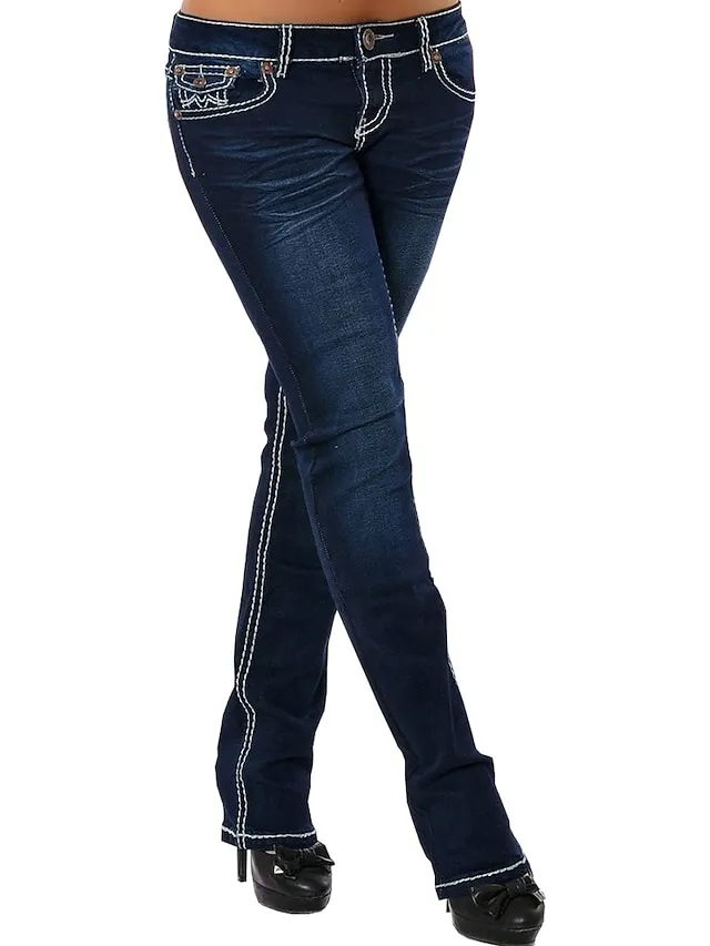 Women‘s Low Rise Jeans Full Length Denim Side Pockets Micro-elastic Fashion Casual Weekend Light Sky Blue Deep Blue S M