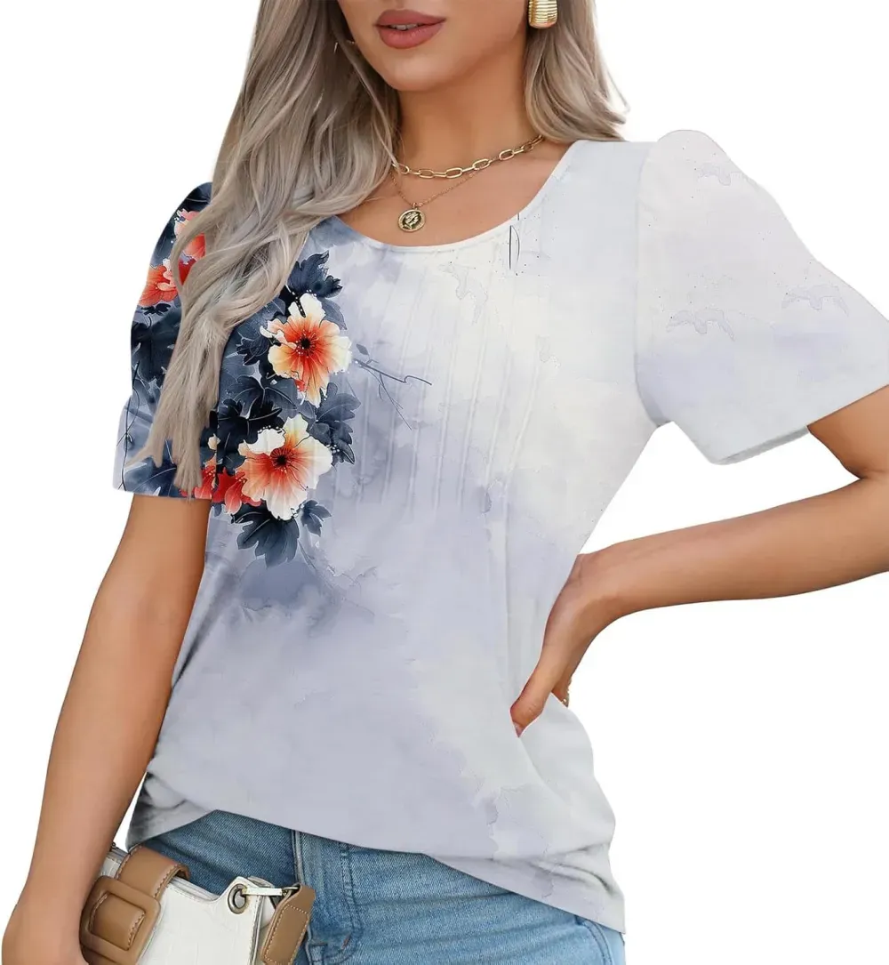 Womens Summer Pleated Front Shirts Tunics Casual Short Sleeved Loose Round Neck Boho Printed Tops Vacation Blouse