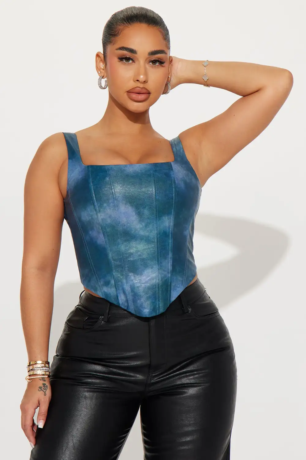 Kenni Washed Faux Leather Corset Top - Blue Wash