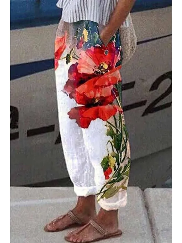 Women's Linen Pants Pants Trousers Baggy Full Length Faux Linen Side Pockets Baggy Fashion Casual Daily White Red S M