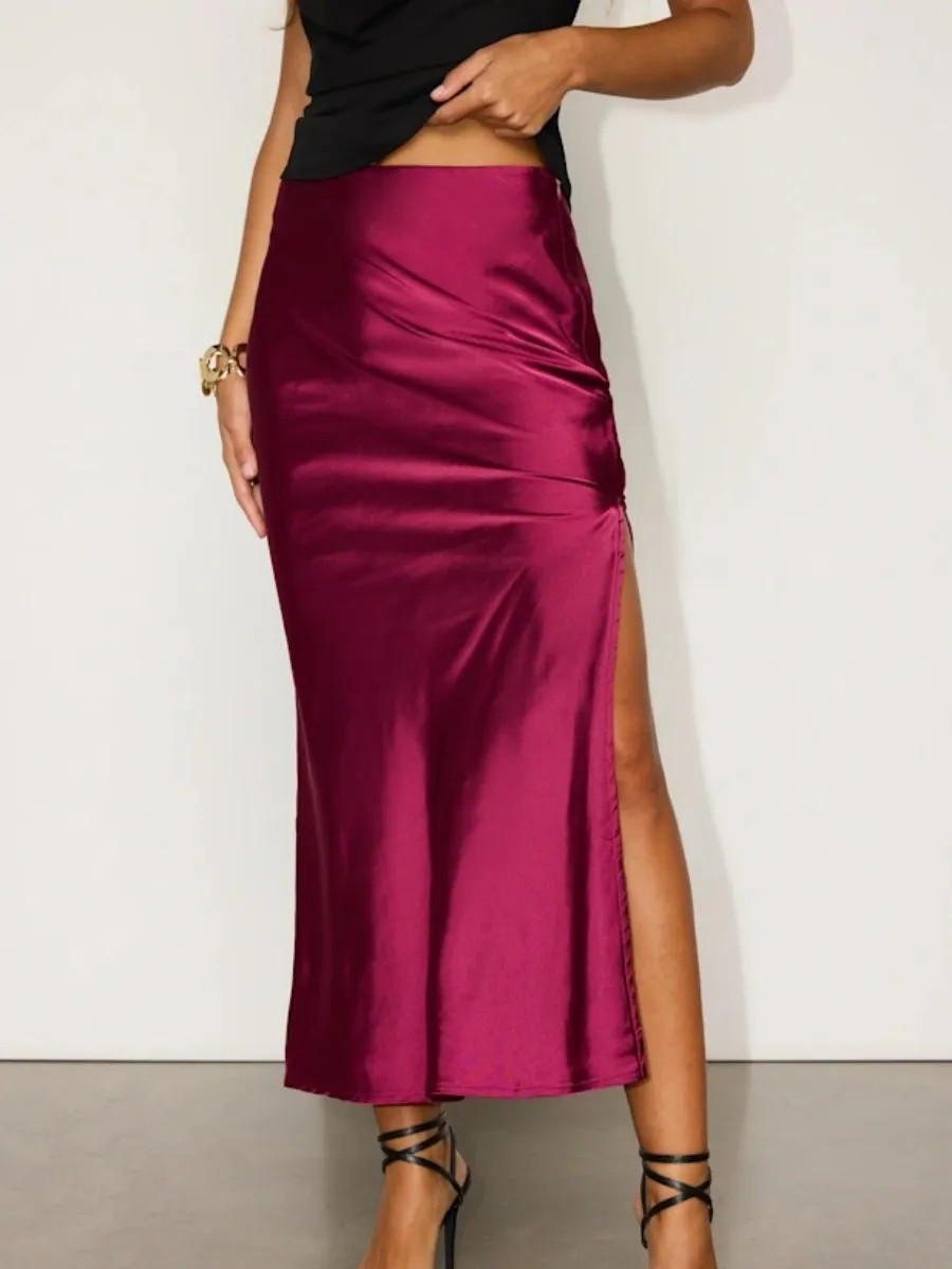 Satin Ruched Side Slit Skirt