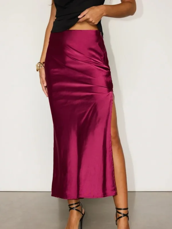 Satin Ruched Side Slit Skirt