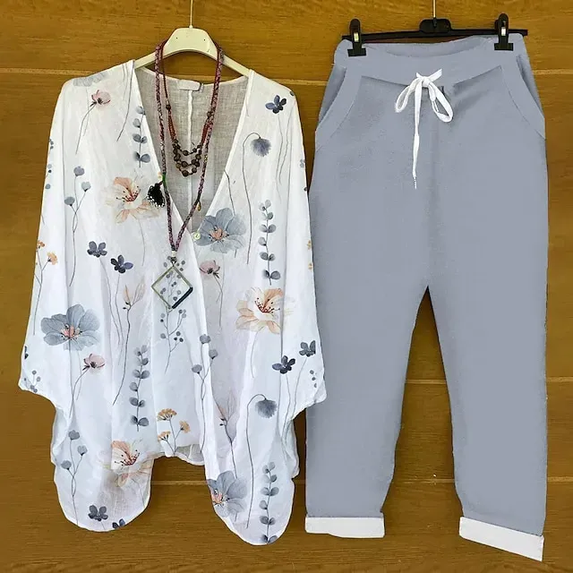 Women's Shirt Pants Sets Pants Trousers Basic Green Casual Holiday Floral Print V Neck S M L XL 2XL