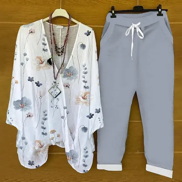 Women's Shirt Pants Sets Pants Trousers Basic Green Casual Holiday Floral Print V Neck S M L XL 2XL