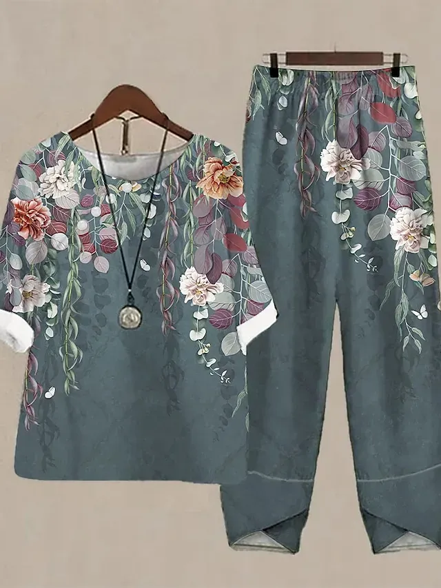 Women's Shirt Pants Sets Pants Trousers Basic Light Green Blue Holiday Weekend Floral Print Round Neck S M L XL 2XL
