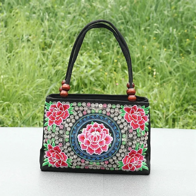 Women's Handbag Canvas Outdoor Holiday Embroidery Large Capacity Breathable Lightweight Folk Dark Red Black / Red Blue peacock