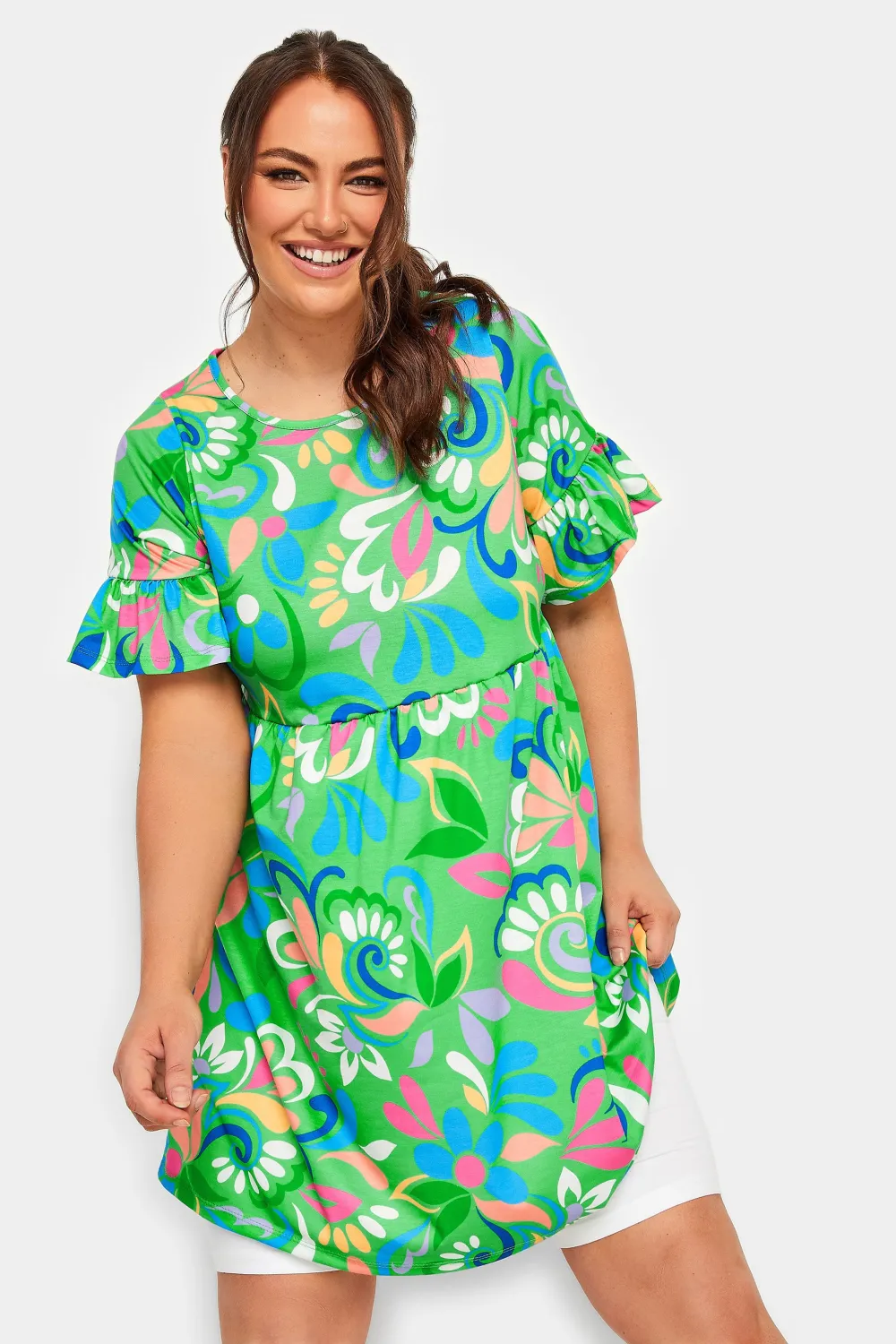 YOURS Curve Green Floral Print Smock Tunic Dress