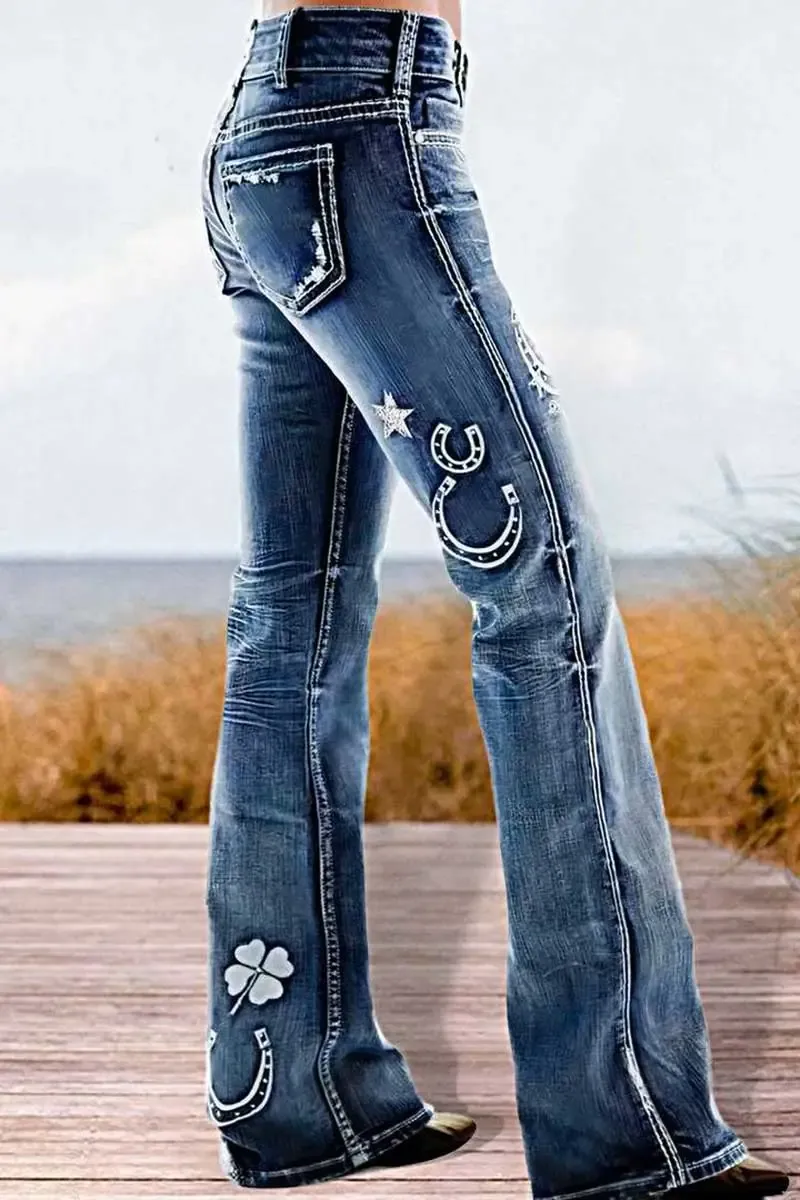 Star & Moon Pattern Button Front Mid Rise Bootcut Jeans