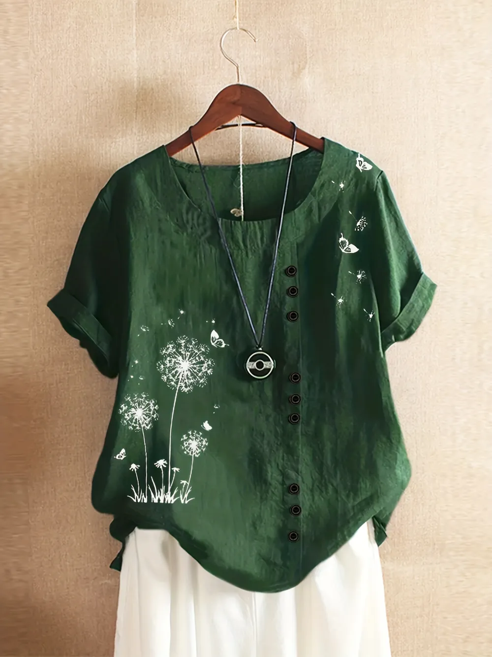 Women's Plus Dandelion Print Tee, Short Sleeve, Casual, Round Neck, Plus Size