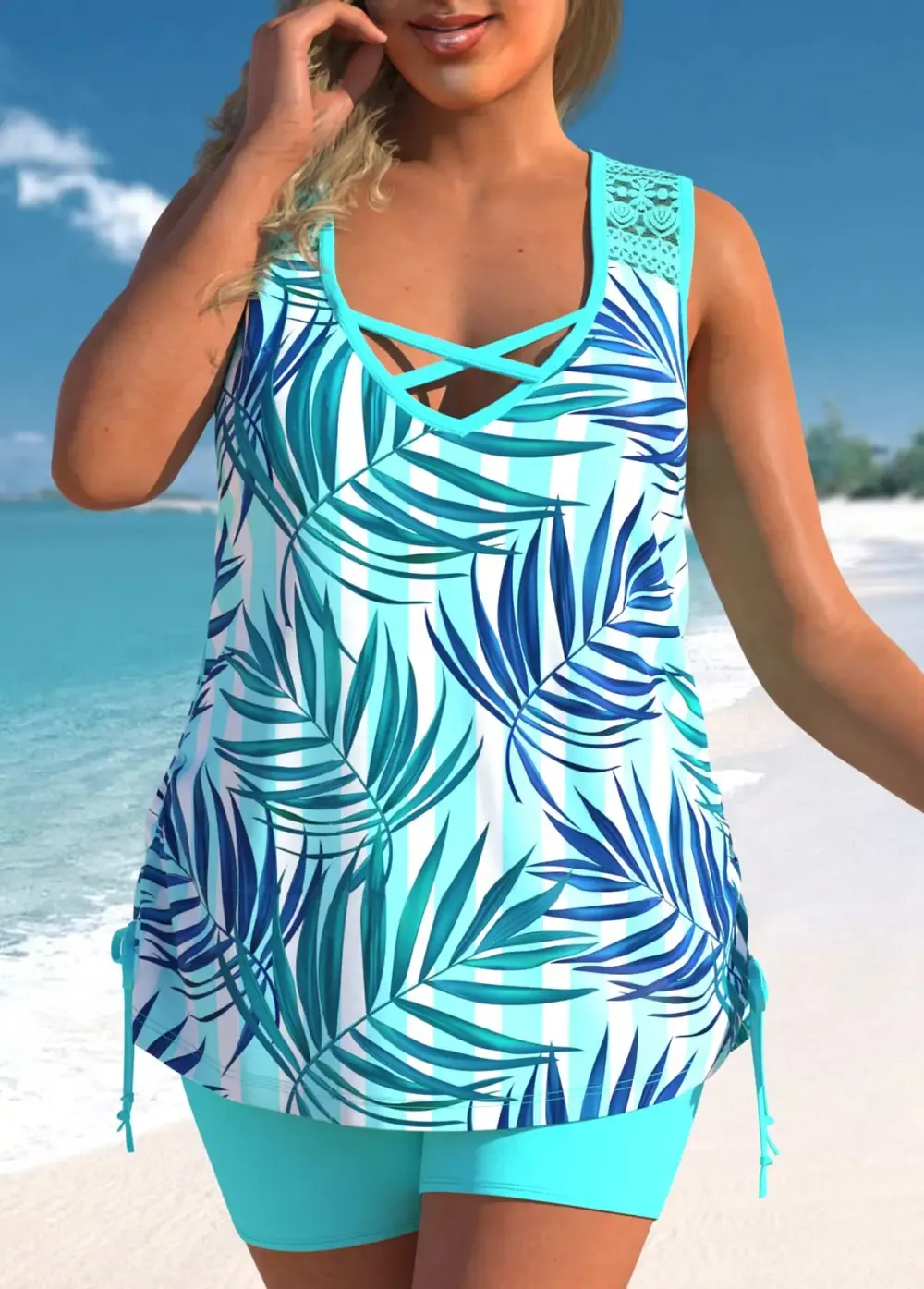 Cyan Tropical Print Lace Stitching Tankini Set