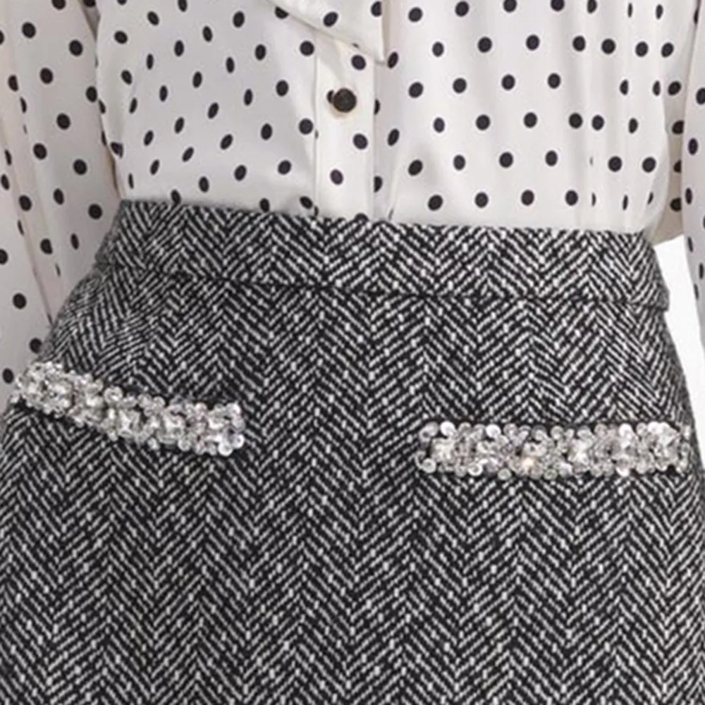 Black Herringbone Mini Skirt