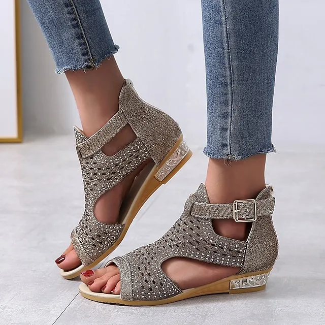 Women's Sandals Wedge Sandals Plus Size Party Outdoor Work Summer Spring Rhinestone Wedge Heel Peep Toe Elegant Classic Casual Faux Leather Zipper Solid Color Black Gold Beige