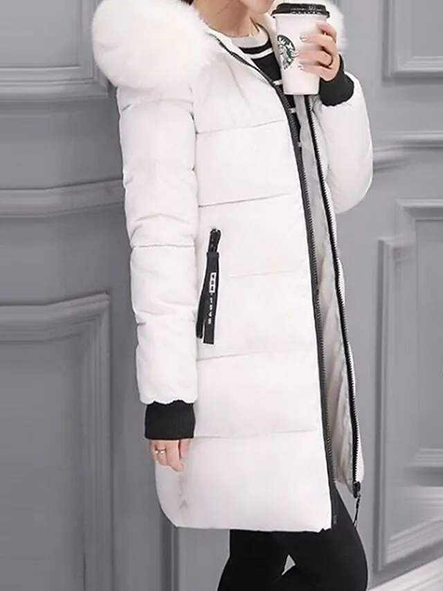 Women's Parka Long Puffer Jacket Thicken Winter Coat with Fur Collar Hood Fall Windproof Warm Overcoat with Pockets Stylish Contemporary Casual Jacket Long Sleeve Full Zip Black White Light Green