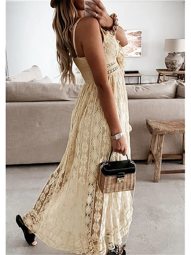 Women's Party Dress Lace Dress Casual Dress Holiday Dress Long Dress Maxi Dress White Beige Sleeveless Print Lace Summer Spring V Neck Basic