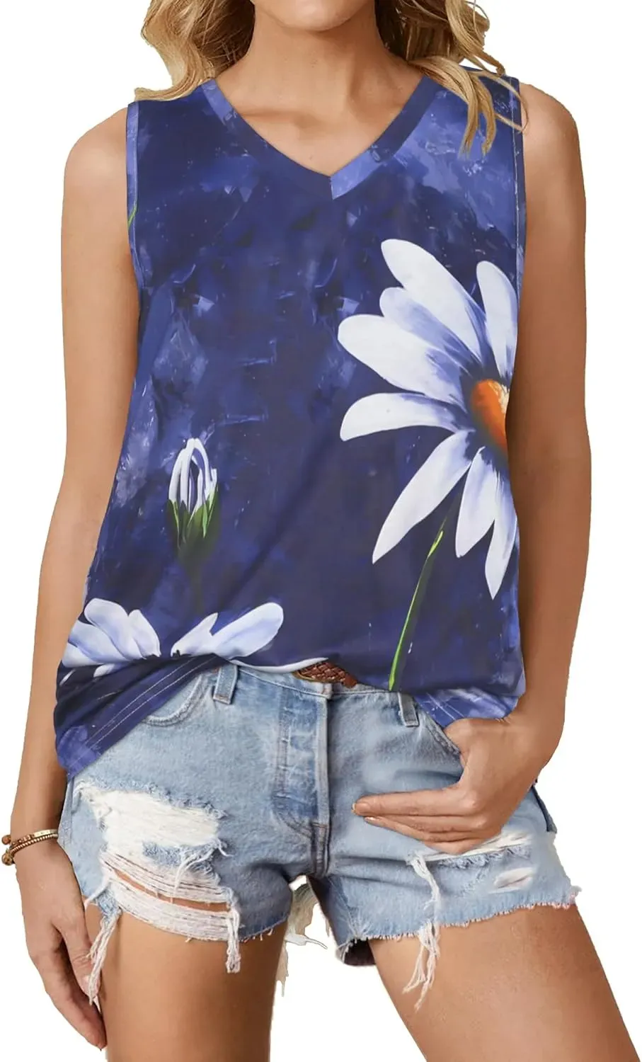 Summer Tops for Women Sleeveless V Neck Tshirt Loose Fit Casual Tank Tunic Blouse